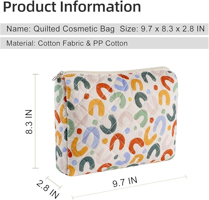 Gleyemor 2 Pieces (Large + Small) Quilted Makeup Bag, Cute Floral Cosmetic Bag for Women, Travel Toiletry Cotton Bag Tote Bag Organizer (Colorful U)