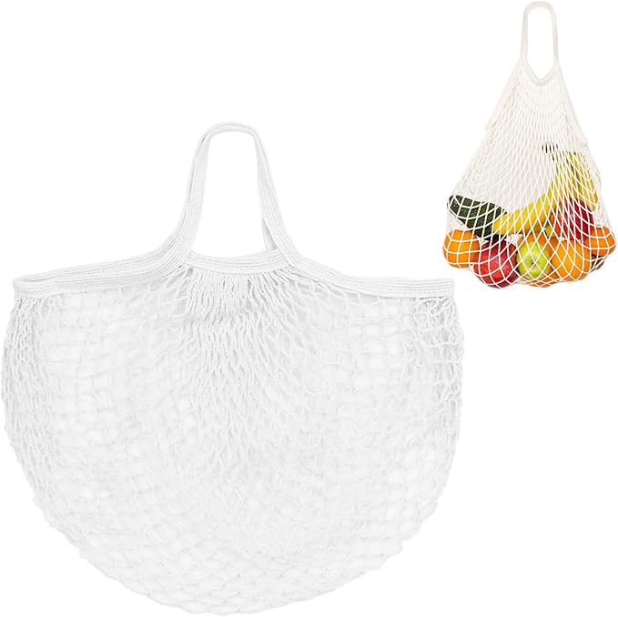 M METERXITY 1-Pack Cotton Mesh Bag, Reusable Washable Mesh Net String Grocery Bags, Reusable Produce Bags with Handle, Net Tote Bag for Fruits/Vegetables Shopping [White, Short Handle]
