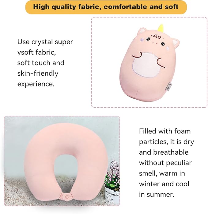 stocaggio Kids Travel Pillow - 2-in-1 Deformable Kids Neck Pillow for Traveling, Soft U-Shaped Pillow with Adorable Animal Design, Comfy Sleep and Play, Ideal for Airplanes and Cars - Pink Unicorn