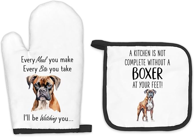 Boxer Dog Gifts Oven Mitts and Pot Holders Sets, Boxer Dog Decor Kitchen Accessories Sets, Complete Without a Boxer Dog Heat Resistant Oven Glove Potholders for Kitchen Baking Cooking