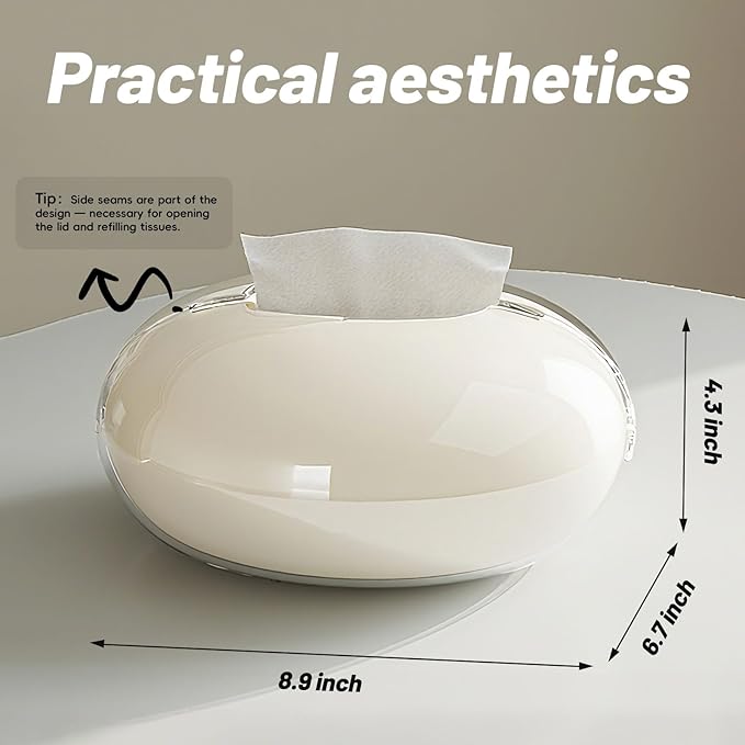 Modern Tissue Box Cover for Home and Office – Magnetic Lid Oval Tissue Holder, Inside Dimensions 8.07" × 5.91" × 3.44", Decorative Clear Double-Layer Plastic, Luxe Home Decor (Cream)