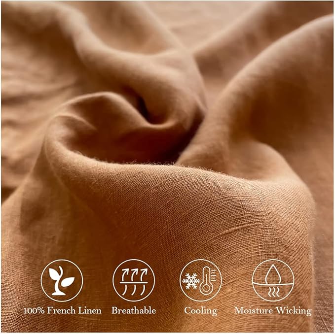 Simple&Opulence Washed Linen Bed Sheet Set Basic Style 4 Pieces (1 Flat Sheet & 1 Fitted Sheet & 2 Pillowcases) 100% Natural French Flax Soft Breathable Farmhouse Bedding (Queen, Rust)