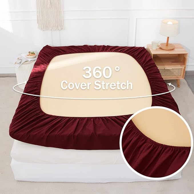 Simple&Opulence Belgian Linen Sheet Set Solid Color - 4 Pieces (1 Flat Sheet, 1 Fitted Sheet & 2 Pillowcases) Natural Flax Cotton Blend Soft Breathable Farmhouse Bedding - King Size, Burgundy Red