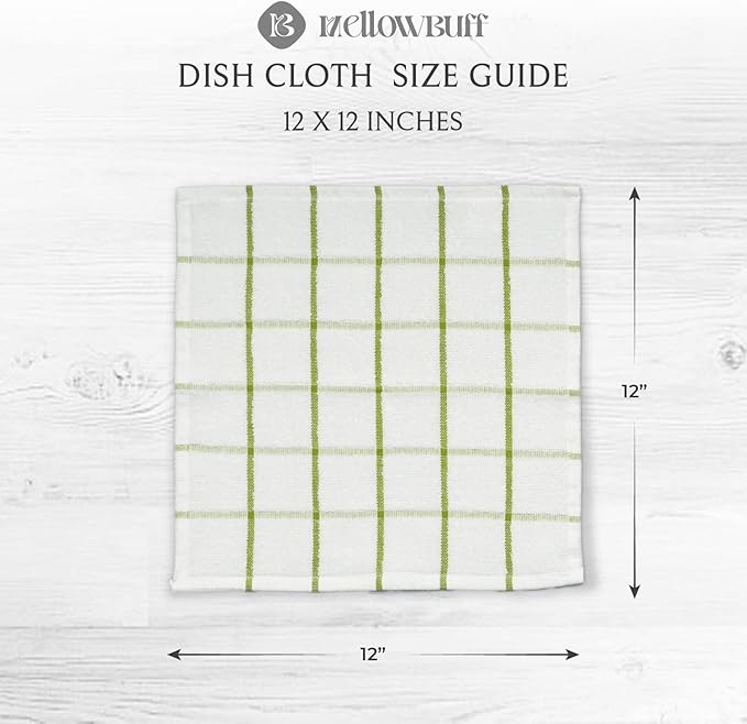 Mellow Buff 100% Cotton Terry Dish Cloth & Dish Towel, 6 Pack, Super Soft and Absorbent Kitchen Towels, Perfect for Kitchen Cleaning and Dish Washing (Green (Solid and Checks) 8 Pack)