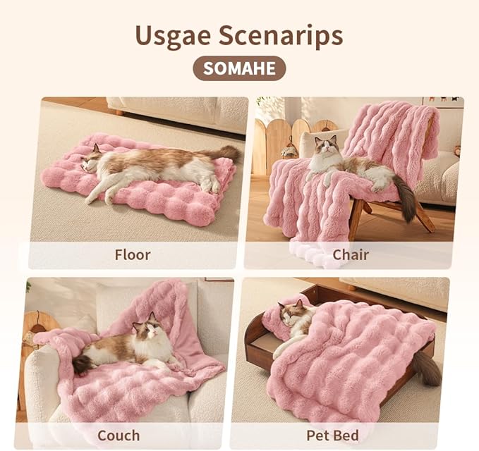 SOMAHE Self-Warming Cat Blanket for Indoor Cats & Small Dogs, Dual-Side Sherpa Plush Throw, Anti-Static Shared Couch Mat for Crate & Travel, Machine Washable No Shrink, 28x22 Inch Pink