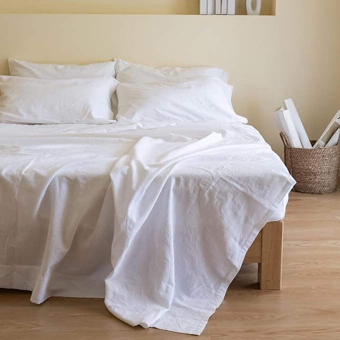 Simple&Opulence Belgian Linen Sheet Set Solid Color - 6 Pieces (1 Flat Sheet & 1 Fitted Sheet & 4 Pillowcases) 16" Deep Pocket Natural Flax Cotton Blended Soft Bedding - White, California King