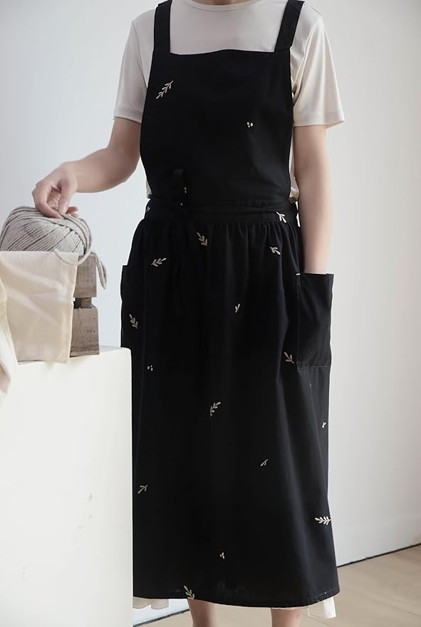 Japanese apron Women-Cross Back Apron for Women with Pockets, Pinafore Aprons, Womens Cotton Linen Apron
