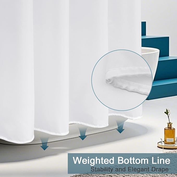 AooHome Hotel Shower Curtain Liner, Fabric Shower Curtain with Hooks, Waterproof, Weighted Hem, 72 x 72 Inch, White