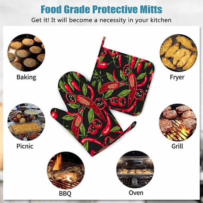 Mxocom Mexican Hot Pepper Chili Oven Mitts and Pot Holders Sets Slices Halves Crushed Pieces and Branch Organic Healthy Red Silicone Heat Resistant Kitchen Oven Gloves Pot Holder for Cooking