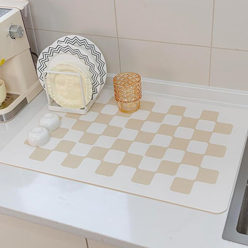2PCS 24''x16'' Water Absorbent Dish Drying Mats for Kitchen Counter Checkered Coffee Bar Station Accessories, Easy Clean and Quick Drying,Beige Checkered