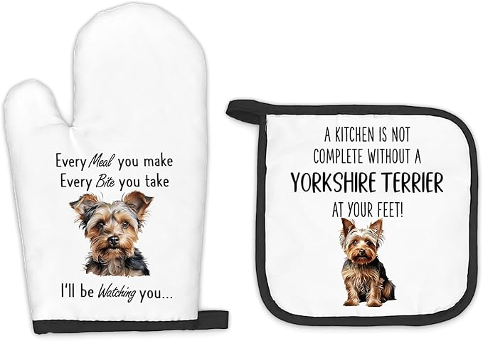Yorkshire Terrier Gifts Dog Oven Mitts and Pot Holders Sets, Yorkshire Terrier Dog Decor Kitchen Accessories Sets, Complete Without Dogs Heat Resistant Oven Glove Potholders for Kitchen Baking