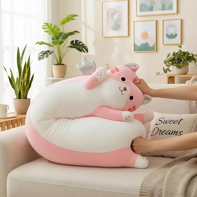 Long Cat Plush Pillow, Cute Cat Stuffed Animal Body Pillow with Wings, Soft Kawaii Kitty Hugging Pillow, Christmas Valentine's Birthday Gift for Kids Girls Boys (Pink, 110cm/43.31in)