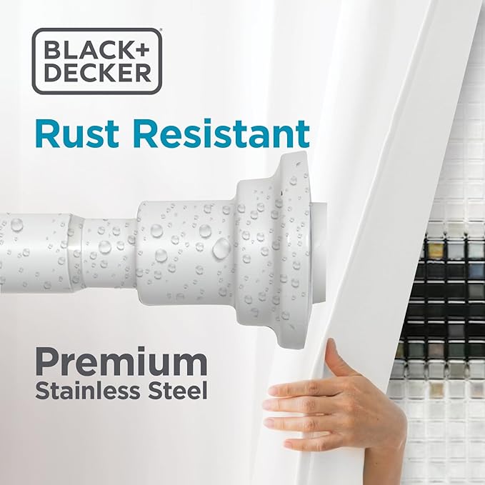 BLACK+DECKER Tension Shower Curtain Rod 42-72 Inch – Drill-Free Adjustable Curtain Rod, Rust-Resistant Stainless Steel Tension Curtain Rod for Shower, Bathroom, Window, Closet – 35 lb Capacity