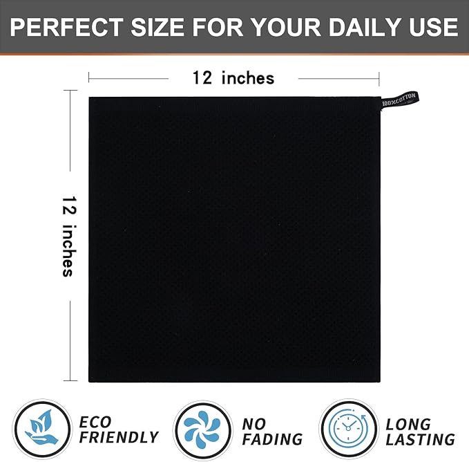 Kitinjoy 100% Cotton Kitchen Dish Cloths, 12 Pack Waffle Weave Ultra Soft Absorbent Dish Towels for Drying Dishes Quick Drying Kitchen Towels Dish Rags, 12 X 12Inch, Black