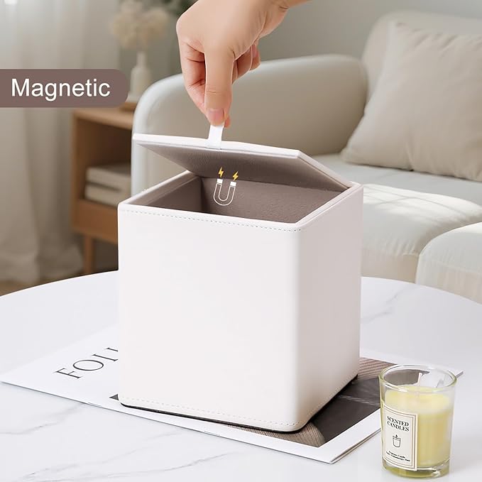 KINGFOM Leather Tissue Box Cover – Square Modern PU Leather Tissue Holder, Cube Tissue Dispenser for Home, Office, Bedroom, Bathroom – Elegant Minimalist Style (Ivory White-Square)
