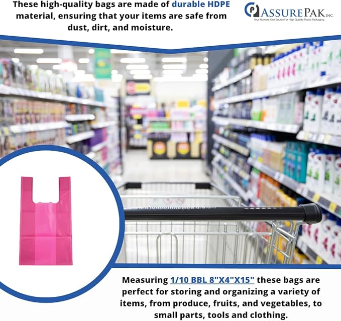 Burgandy Colored Unprinted Plastic T-Shirt Bags - 1/10 BBL 8"X4"X15" - 1500 Bags - 14 microns - Perfect for Groceries, Shopping, Boutique Bags, Party Decorations and Retail Stores