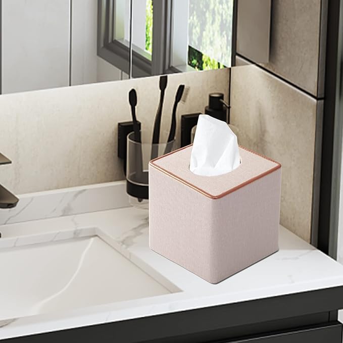 XNONE Tissue Box Cover Square Tissue Box Holder PU Leather Facial Organizer with Magnetic Bottom,Decorative Napkin Caddy for Vanity Dresser Night Stand Table Countertop Home Office Car,Beige