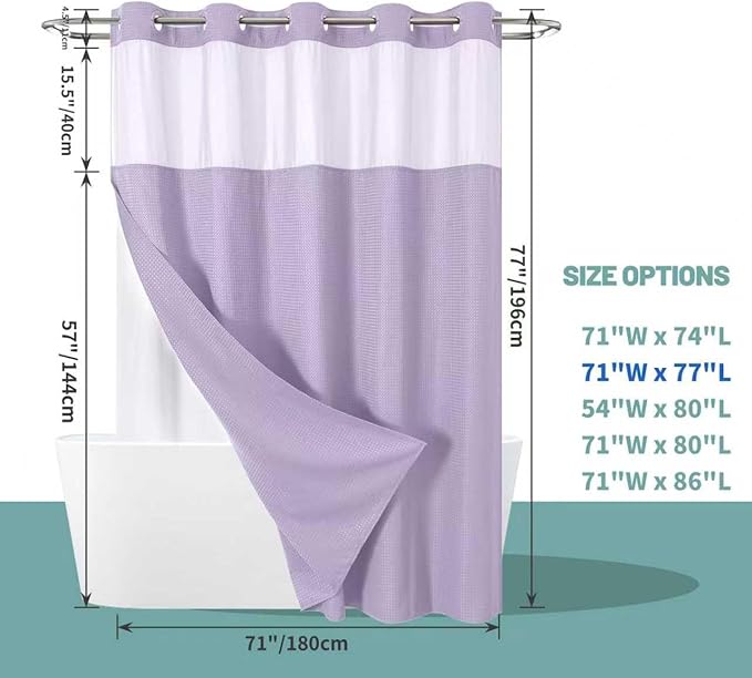 eachope Lavender No Hook Waffle Weave Shower Curtain with snap-in Liner Replacement, 230GSM Waterproof Fabric Hotel Shower Curtain Set for Bathroom, Through Mesh Top Window,71Wx77H