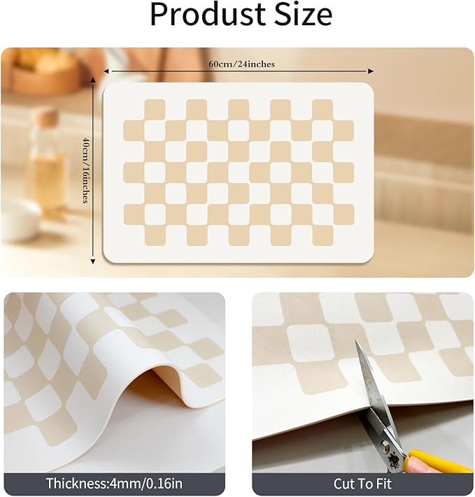 24''x16'' Water Absorbent Dish Drying Mats for Kitchen Counter Checkered Coffee Bar Station Accessories, Easy Clean and Quick Drying,Beige Checkered