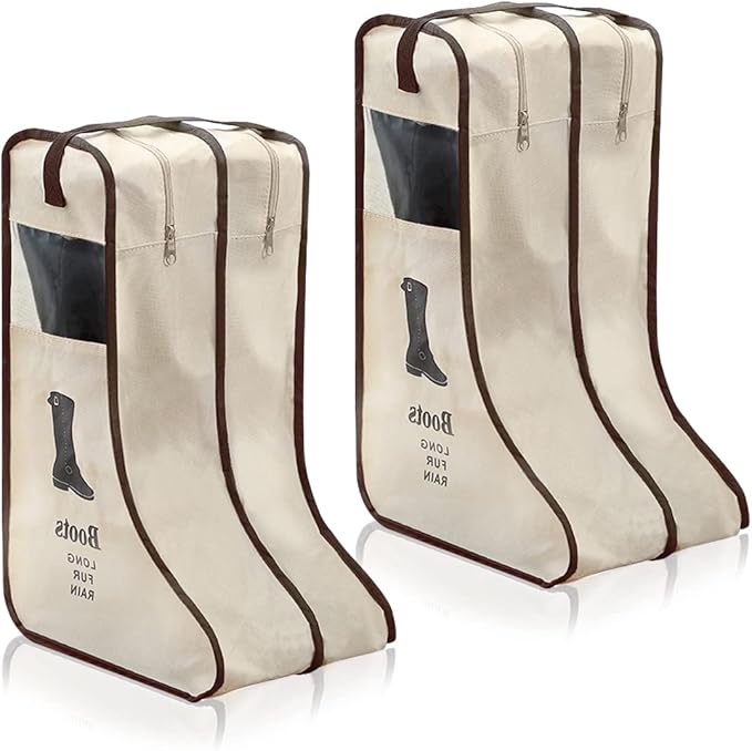 KOVOSCH 2 Pack Portable Boots Storage Bag, Beige Shoe Bags for Storage and Travel Dust Proof Travel Shoe Bags for Packing (Large)