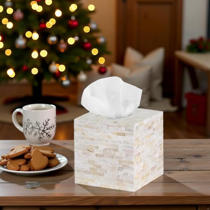 PEMAR Handcrafted Wooden Tissue Box Cover for Small Cube Tissue Boxes Only (Max Inner Size 4.7”) – Mother of Pearl Inlay Decorative Tissue Holder for Bathroom, Living Room & Office (Milano)