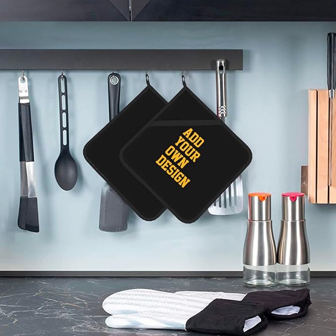 Custom Pot Holders with Your Picture/Name/Text, 2pcs Personalized Hot Pads Set with Loops, Customized 8x8 Oven Mitts for Kitchen Cooking Baking Grilling