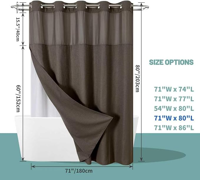 eachope Brown Long No Hook Waffle Weave Shower Curtain with snap-in Liner Replacement, 230GSM Waterproof Fabric Hotel Shower Curtain Set for Bathroom, Through Mesh Top Window,71Wx80H