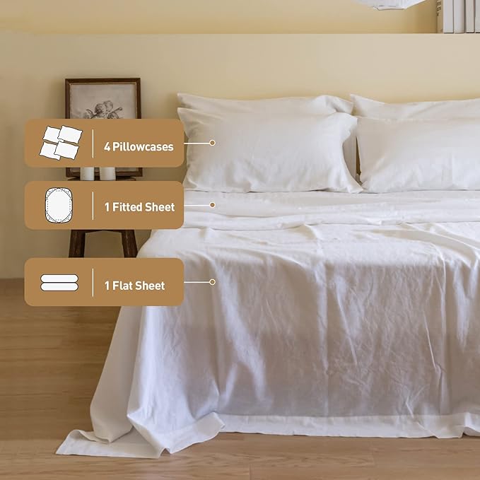 Simple&Opulence Belgian Linen Sheet Set Solid Color - 6 Pieces (1 Flat Sheet & 1 Fitted Sheet & 4 Pillowcases) 16" Deep Pocket Natural Flax Cotton Blended Soft Bedding - White, Queen Size