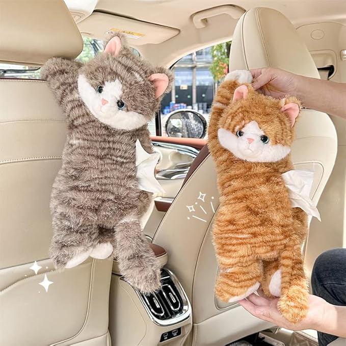 WASTROYAL Cute Cat Car Tissue Box Cover with Plush Doll, Hanging Vehicle Interior Organizer, Adorable Auto Decoration & Practical Accessory (Grey)