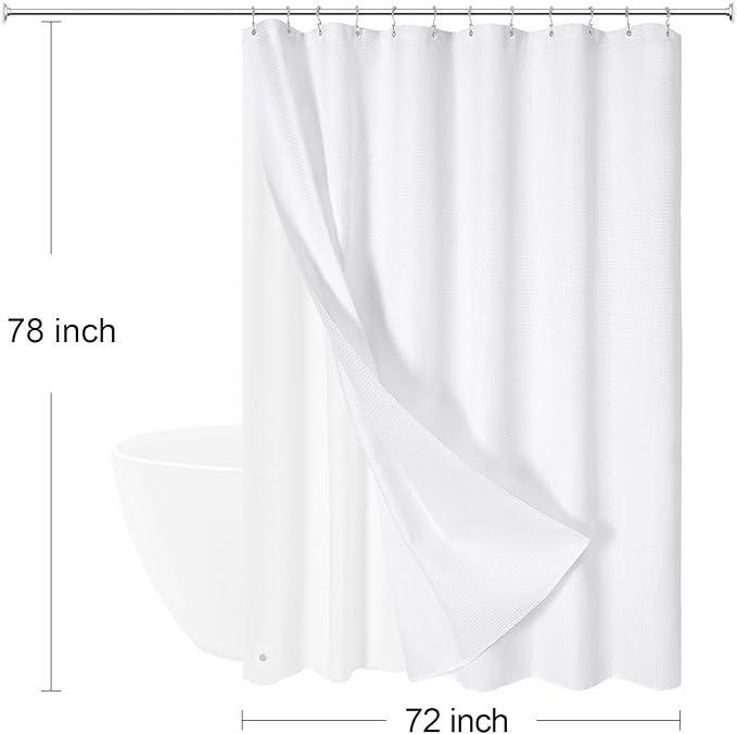 Craidlela 3 in 1 Long Shower Curtain Set-72 W x 78 H, White Waffle and PEVA Liner Set with 12 Stainless Steel Hooks, Waterproof Fabric for Bathroom