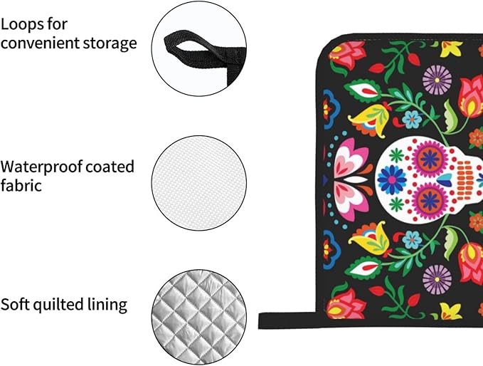 Mexican Skull Skeleton Floral Oven Mitts and Pot Holders Set of 4, Oven Mittens and Potholders Heat Resistant Gloves for Kitchen Cooking Baking Grilling BBQ