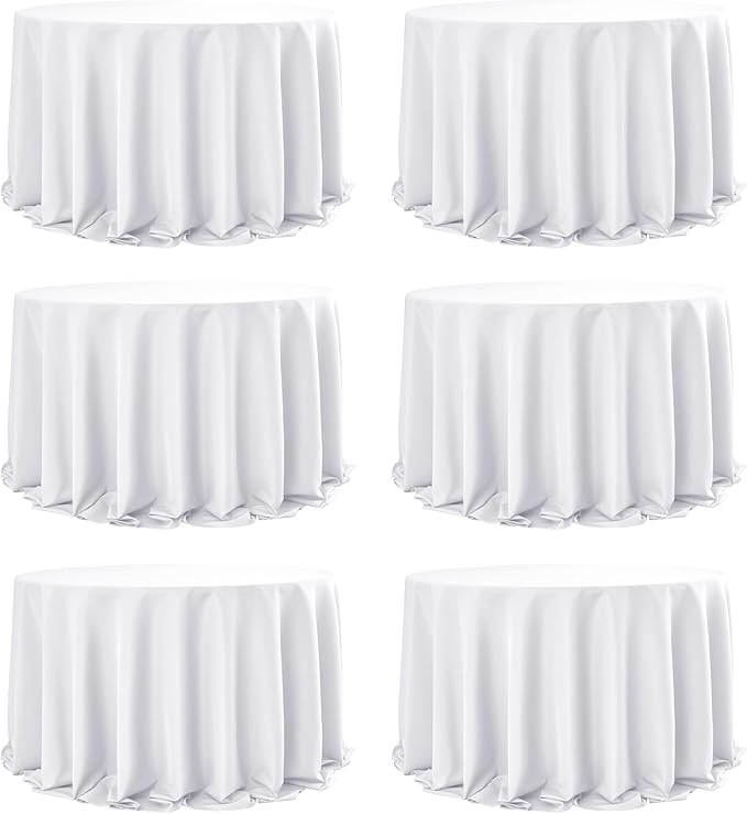 6-Pack White Round Tablecloths, 132 Inches, Stain-Resistant Polyester for 6-8 Ft Round Tables - Washable Table Covers for Weddings, Banquets, Birthday Parties, Events