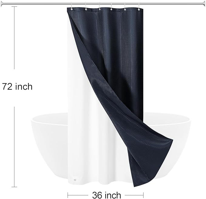 Craidlela 3 in 1 Stall Half Size Navy Blue Shower Curtain Set-36 W x 72 H, Modern Waffle Waterproof Fabric and PEVA Liner Set with Stainless Steel Hooks