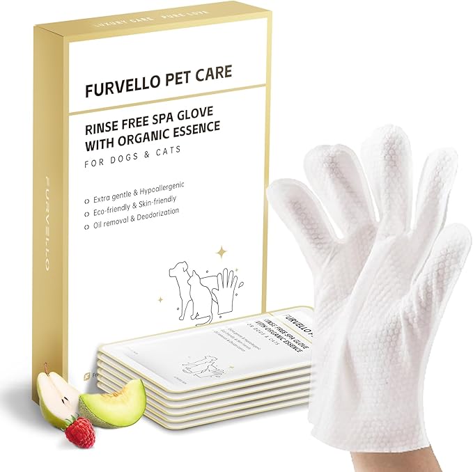 FURVELLO Nourishing Pet Glove Wipes for Dogs & Cats, 4-in-1 Grooming Wipes (Cleaning, Combing, Massaging, Caring), 7 Plant Extracts, Hypoallergenic & Lick-Safe, 12PCS (Dog Wipes for Sensitive Skin)