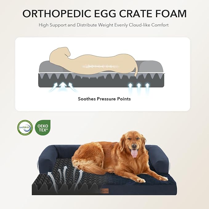 Casa Paw Orthopedic Dog Beds for Extra Large Dogs, Waterproof Egg Crate Foam XL Dog Bed with Sides 45x35Inch, Big Dogs Couch Beds with Removable Washable Cover and Nonskid Bottom, Navy Blue