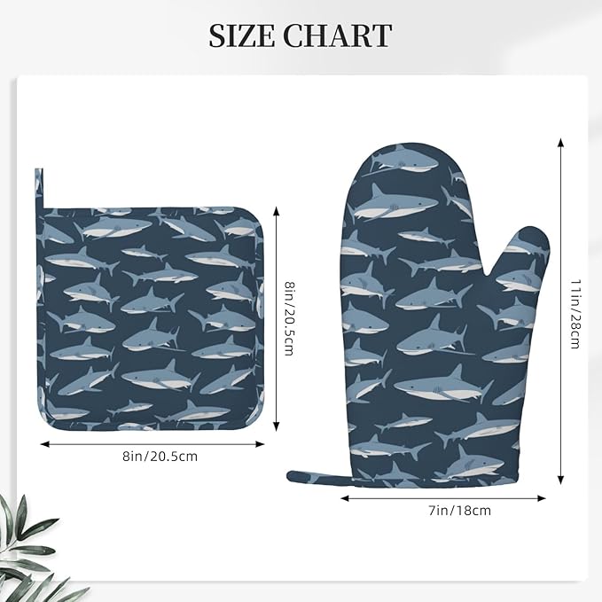 Sharks Oven Mitts and Pot Holders Set of 4 Silicone Blue Sharks Kitchen Mitten Gloves and Non-Slip Potholders Set Heat Resistant Oven Gloves Hot Holders for Kitchen