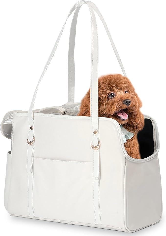 Lasaviin Dog Carrier Purse, Fashion Leather Pet Carrier with Pockets, Airline Approved Soft Sided Dog Carrying Bag for Puppy Cat Dog White