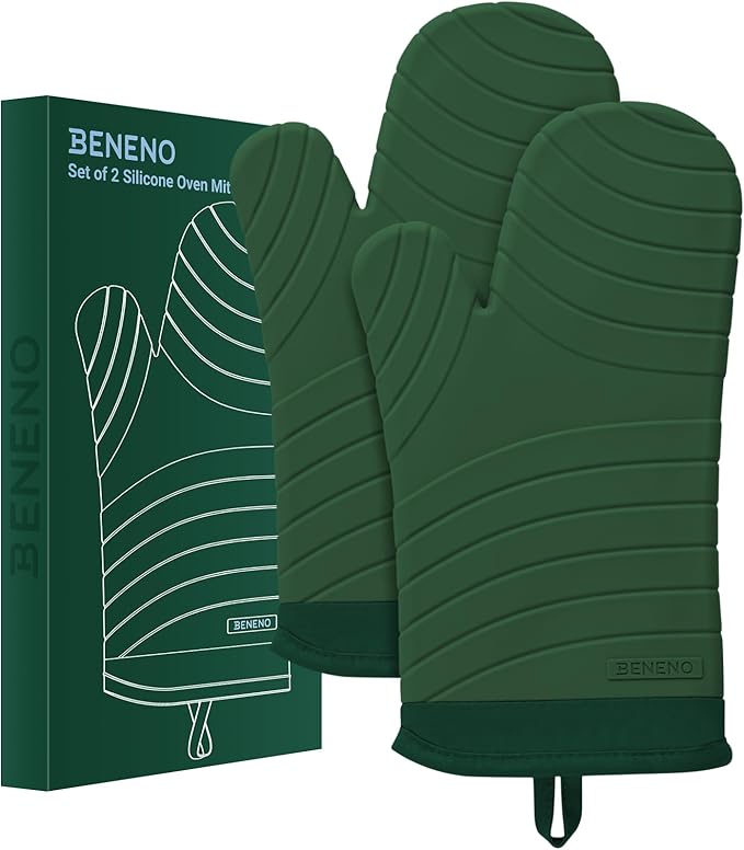 Beneno Heat Resistant Silicone Oven Mitts BPA-Free, Non-Slip Textured Grip & Quilted Cotton Lining, Waterproof Kitchen Mitt 2-Pack Set, 7"x13", Green