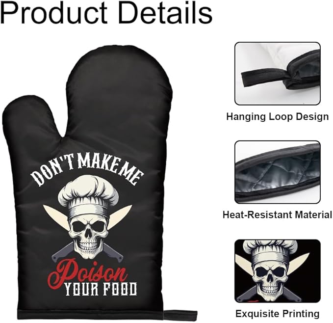 DYJYBMY Don't Make Me Poison Your Food Funny Goth Oven Mitts and Pot Holder Set, Funny Skeleton Kitchen Gadgets for Male Host Hostess, Housewarming Baking Gifts for Mom Dad Wife Husband Sister Friend