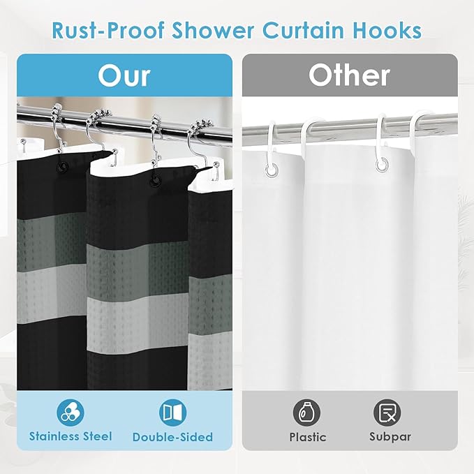 Nesphy Shower Curtain and Liner, Black and Grey Striped 3 in 1 Shower Curtain and PEVA Liner Set with 12 Rust-Resistant Metal Hooks, Waterproof Fabric Shower Curtains for Bathroom, 72 W x 72 H