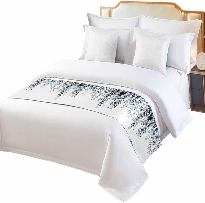 DecorLovee Blue Teal Eucalyptus Bed Runners for Twin Size Bed, Weeping Botanical Decorative Bed Throws for Foot of Bed, Leaf Watercolor Bed Runner Sofa Throw Bedding Scarf Slipcover for Bedroom