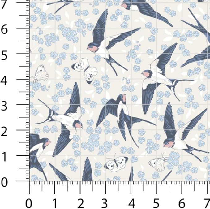 Patchwork Fabric Panel 100x155 cm, 100% Cotton Satin, 6 Coordinated Floral & Bird Patterns, Soft Blue Pink Quilting & Sewing Fabric (Spring Swallows, 6pcs 50x50cm)