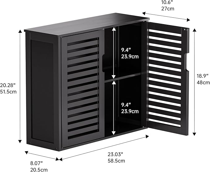 HITNET Black Bathroom Storage Cabinet, Hanging Medicine Cabinet with Adjustable Shelf, Bamboo Over The Toilet Wall Mounted Space Saver Organizer, Double Doors