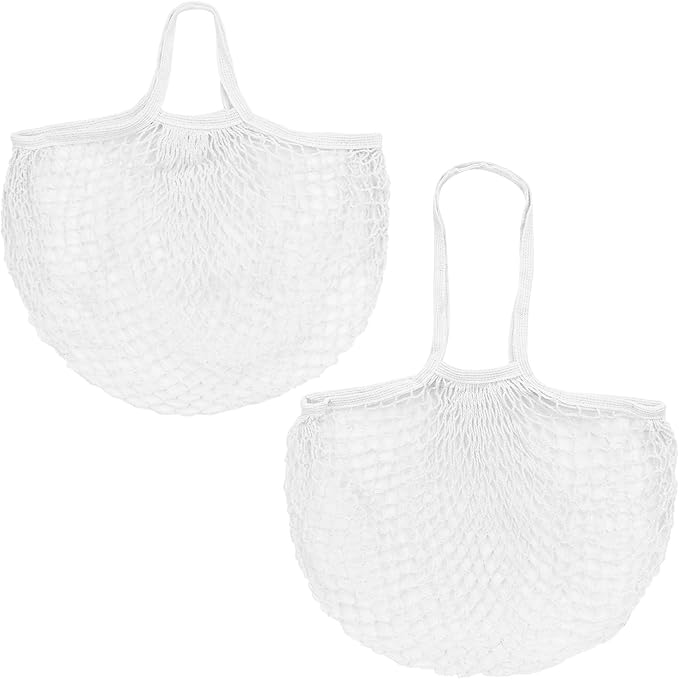 M METERXITY 2-Pack Cotton Mesh Bag, Reusable Washable Mesh Net String Grocery Bags, Reusable Produce Bags with Handle, Net Tote Bag for Fruits/Vegetables Shopping [White, Long&Short Handle]