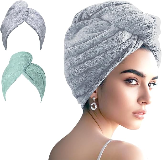 AGKXHDEC 2 Packs Single Layer Microfiber Hair Turbans - Drying Wrap for Women (Gray,Light Green)