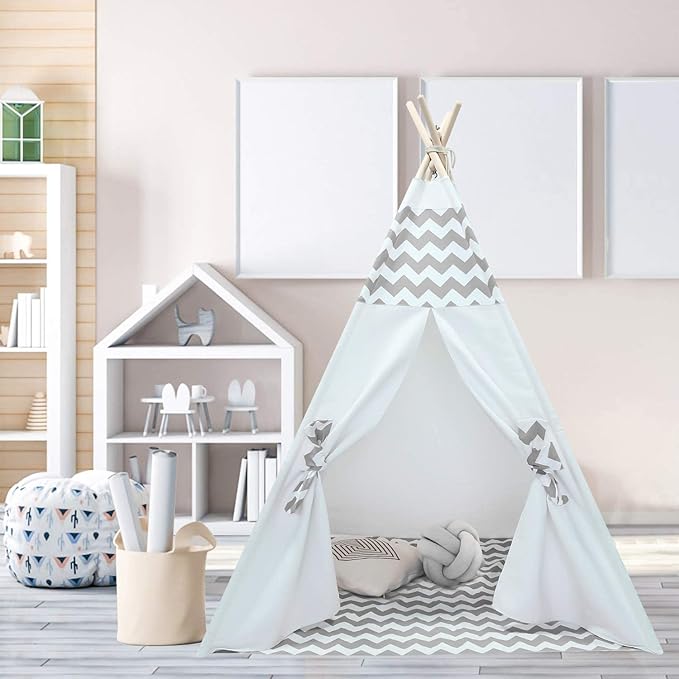 Kids Teepee Tent for Boys Childrens Teepee Play Tent with Carry Case & Floor Mat, Portable Toddler Tipi Tent for Baby Indoor Outdoor Playhouse Grey Chevron Teepee