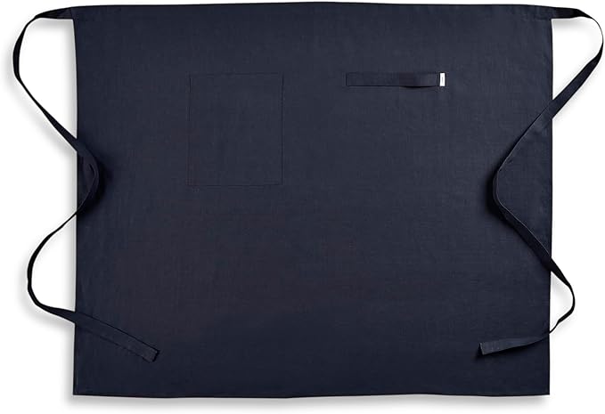 Solino Home Linen Bistro Server Apron - Extra long ties with Pockets - 100% Pure Linen Midi Half Apron for Men and Women