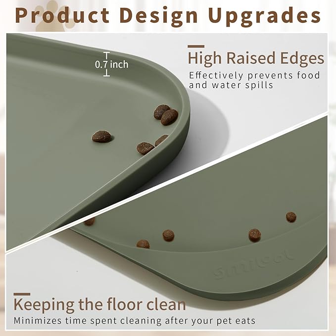 Smilool Silicone Pet Food Mat with Raised Edge for Food and Water Bowl, Dog Feeding Mats, Cat Food Trays for Floor Waterproof, Rubber Tray for Dogs and Cats, 17 x 12 x 0.7 Light Olive Green