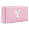 ChaoGreat Bride Gifts – Personalized Initial Makeup Bag with Pearl Rhinestone Patch, Preppy Pink Monogram Cosmetic/Toiletry Pouch, bridesmaid Gifts, Bridal Shower Gifts, Wedding Gifts, Bridal Gifts,Y