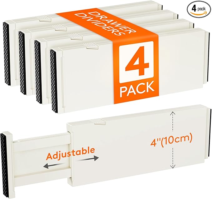 Lifewit 4 Pack Drawer Dividers Plastic 4" High, 11-17" Adjustable Drawer Organizers for Clothes, Expandable Dresser Separators in Bedroom/Bathroom/Kitchen/Office Organization and Storage, Beige